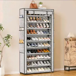10-Tier Easy Assemble Shoe Cabinet 50+ Pairs Multi-Functional Storage Organizer Dustproof Tall Shelf For Shoes Bags & Accessories In Entryway Closet Dorm Gray Color Space Saver