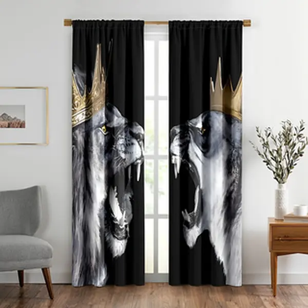 2pcs Lions Curtains, King and Queen Print Black Window Treatments Safari Wildlife African Wild Animal Home Room Decor Drapes  for Living Room Bedroom