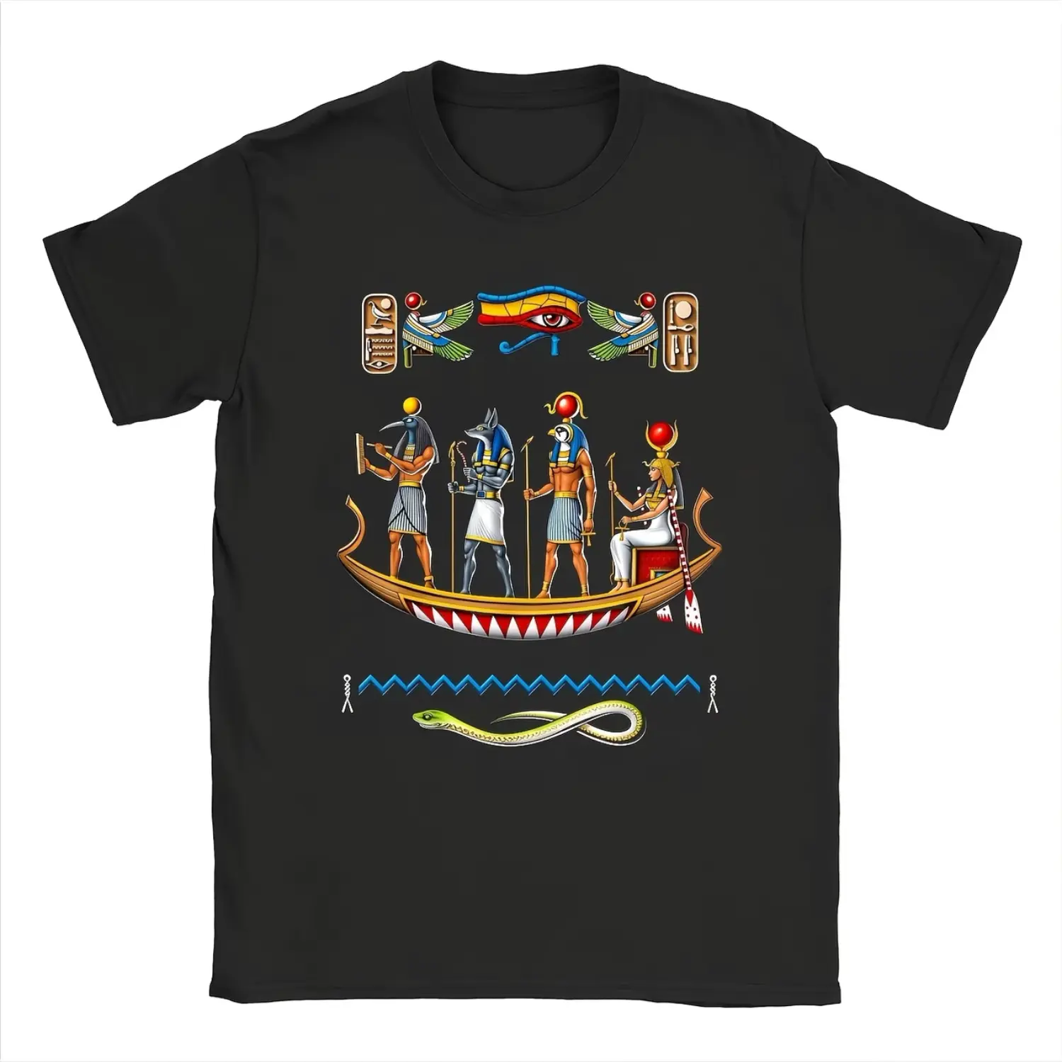 Ancient Egyptian Mythology Anubis & Horus Eye Pattern T-Shirt - Anti-Shrink Unisex Street Style Regular Fit Crew Neck Short Sleeve 230g All-Season Comfortable Machine Wash Unique Design