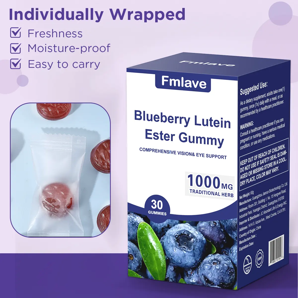 【Fmlave】Blueberry Lutein Ester Gummy comprehensive vision&eye suopport individually wrapped Healthcare Fitness Dietary Vitamin Supplement Optimum