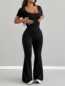 Women's Square Neck Short Sleeve Jumpsuit, Elastic Waist, Retro Sporty Style, Daily Commute, Fitness, Workout Jumpsuit, Streetwear, Sweet Cool Casual