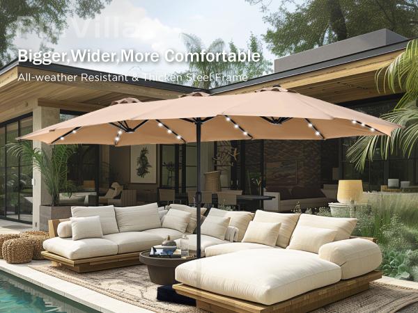 [8 Color] PHI VILLA 15 ft Double-Sided Outdoor Umbrella with Crank, Steel Pole, 100% Polyester Fabric, Durable Base Included, Iron Ribs Patio Stand Modern Design