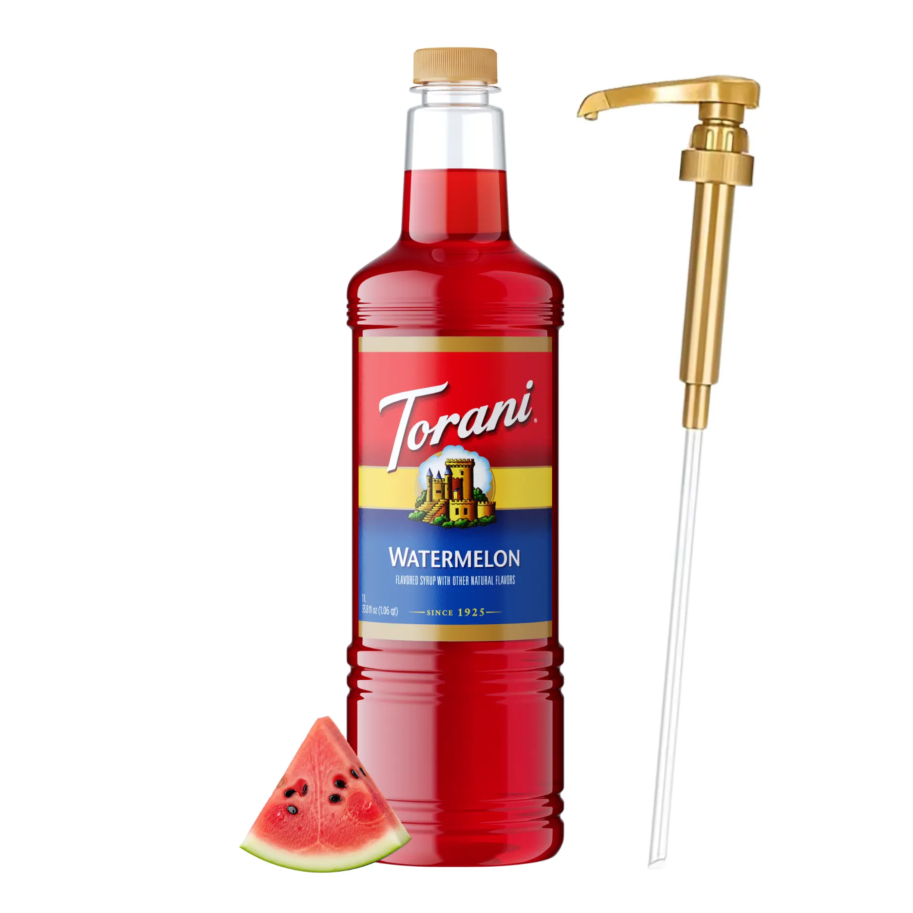 Torani Sweet Watermelon Syrup (1L) with Pump - Summer Flavoring for Drinks, Cocktails - Pure Cane Sugar, Natural Flavors, BPA-Free Bottle, Refreshing Beverage Syrup