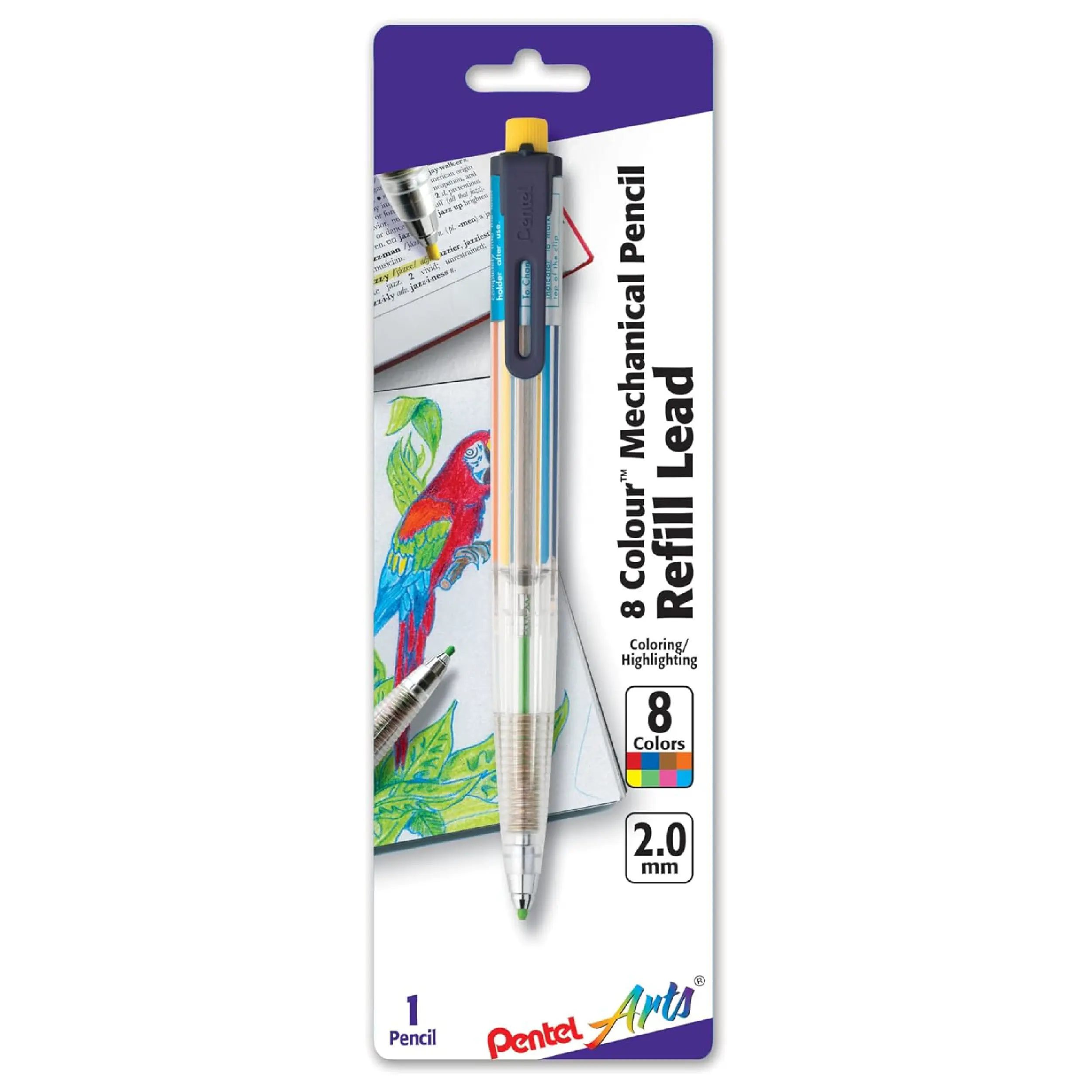 PENTEL ARTS - 8 Color Automatic Pencil, Refillable, 2.0 mm
