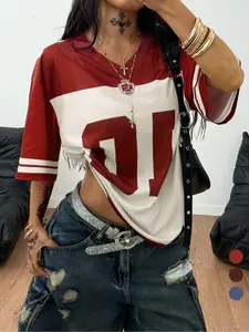 Y2K Vintage Breathable Mesh Sports Jersey for Women, V Neck T-Shirt, Street Style Festival Fashion Top, Athletic Sports Clothing