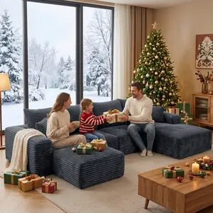 【Summer Vibes】Joylsle 137"W x 59"D x 22"H Plush Corduroy Cloud Velvet No Assembly Required Boneless Flexible Modular U-Shaped Sectional Sofa Set in Black or Grey, Modern Organic Aesthetic Cloud Collection, Delivered in 3 Packages