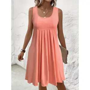 Plus Size, Plus Size Women's Summer Bestseller: Flowy Pleated Sleeveless Dress with Side Pockets |     Loose Fit,, Breathable and Non-Stifling