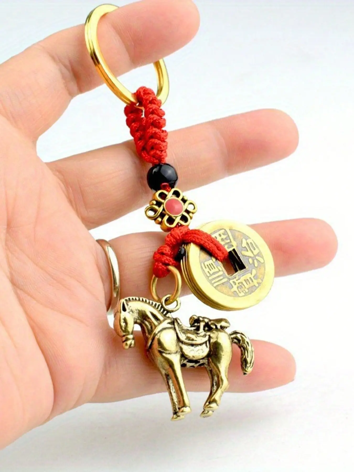 Vintage Chinese Lucky Charm Keychain, Fashionable Alloy Keychain - Horse & Coin Design With Red & Golden Braided Cord, Zinc Alloy & Copper Alloy, Ideal For Car Keys & Bags, Chinese New Year Fortune Stylish Keychain Pendant, Keyrings For Keys