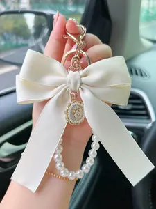 Cute Bowknot Design Keychain, Faux Pearl Decor Beaded Keychain for Car Keys for Women & Girls, Fashion Accessories for Daily Life As Gift, Keychain Jewelry, Keychain Pendant, Keychain for Bags
