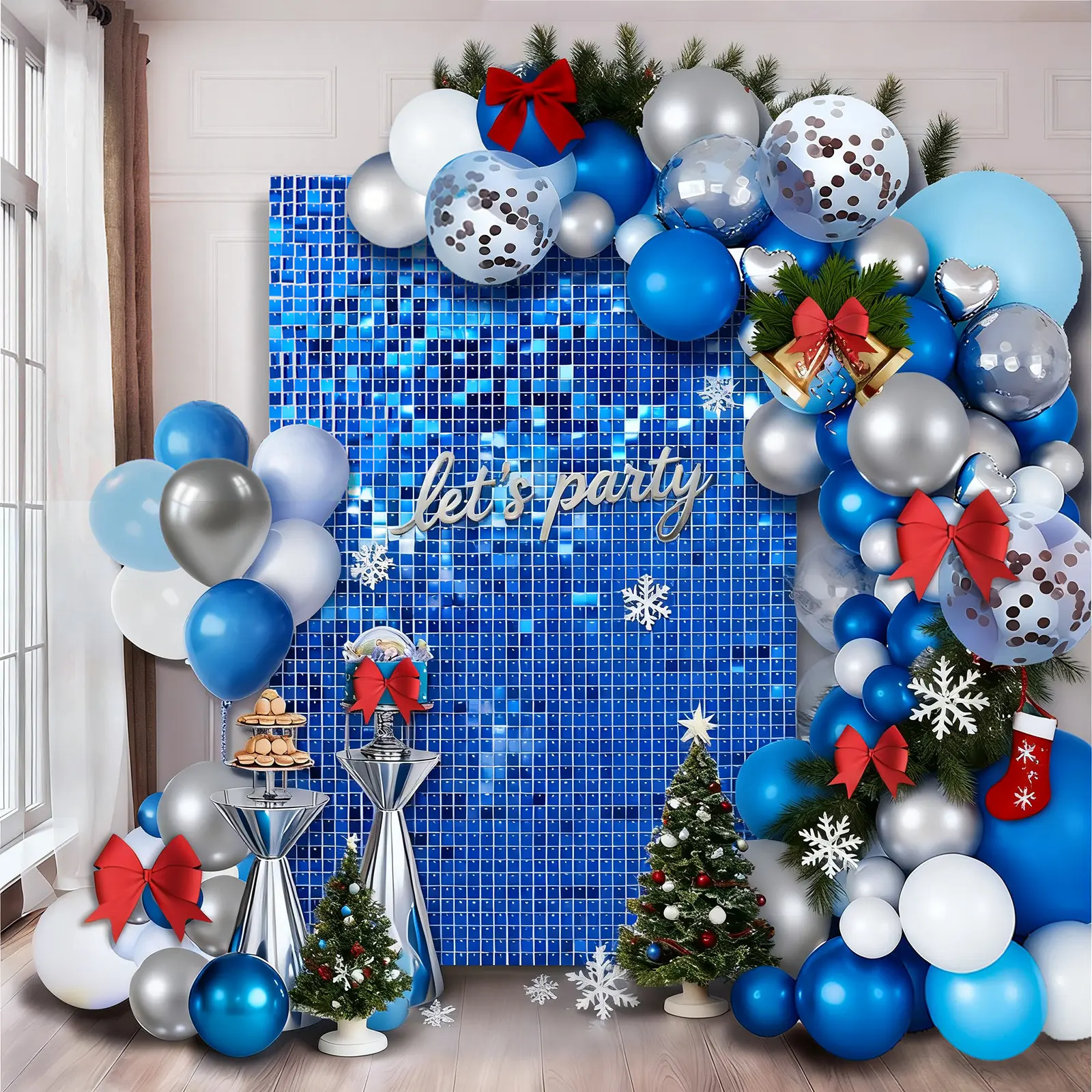 4x6 feet (dark blue) sequin wall background, 24 sequin decorative panels, birthday, New Year, Valentine's Day, Christmas, anniversary, wedding, engagement decorations, photo shoots and Easter decorations, party banners, photo background decorations