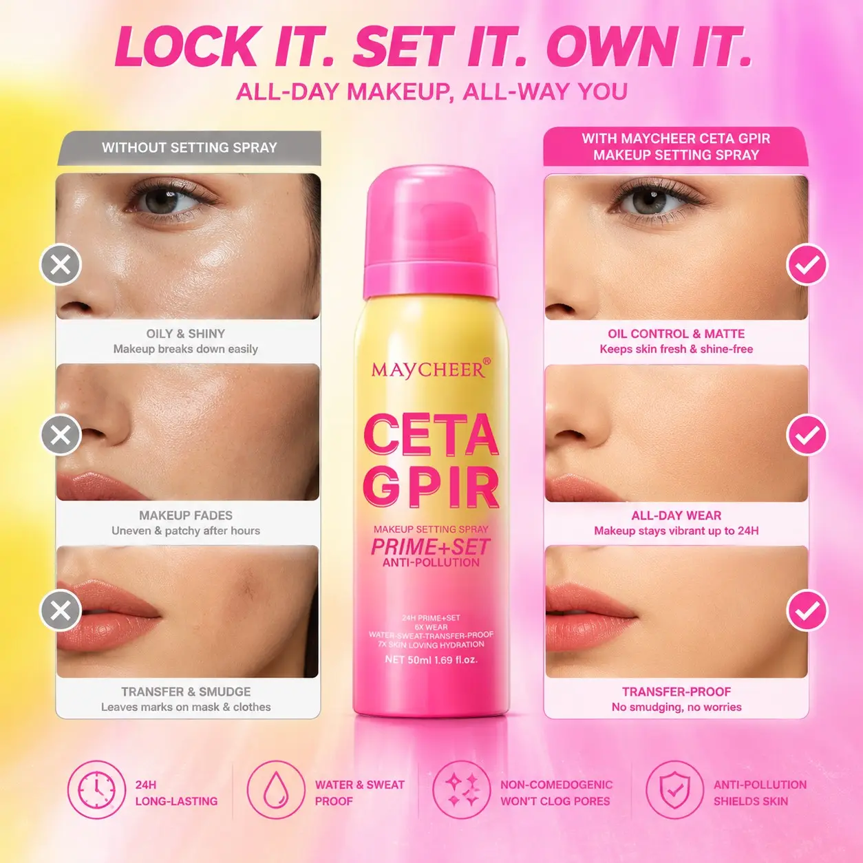 Waterproof Makeup Setting Spray, Makeup Fixing Spray, Face Setting Spray for Makeup, 24hr Wear, Natural Finish, Ultra-Fine Facial Mist, Transfer-Resistant, Hydrating, for All Skin Types