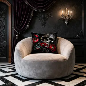 1-Piece Gothic Skull & Red Poppy Throw Pillow, Single‑Sided Print Dark Luxury Decorative Cushion, Ideal for Bedroom, Sofa, Home & Halloween Decor