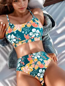 Two-piece Set Women's Floral Print Swimsuit Set, Summer Clothes Women, Casual Adjustable Strap U Neck Swim Top & High Waist Swim Bottoms, Women's Swimwear for Summer, Floral Bikini Sets