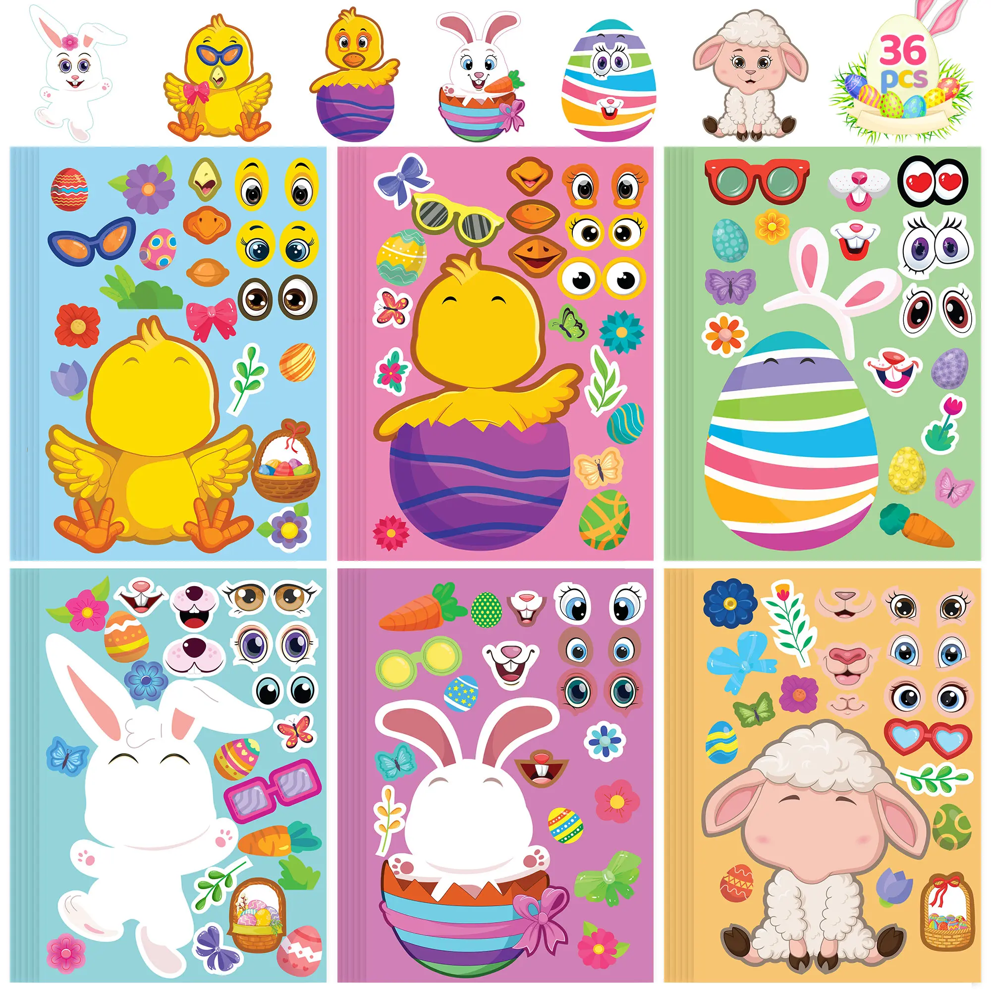 36PCS Easter Animals Make A Face Stickers for Kids Easter Bag Fillers Party Favors Games Activity