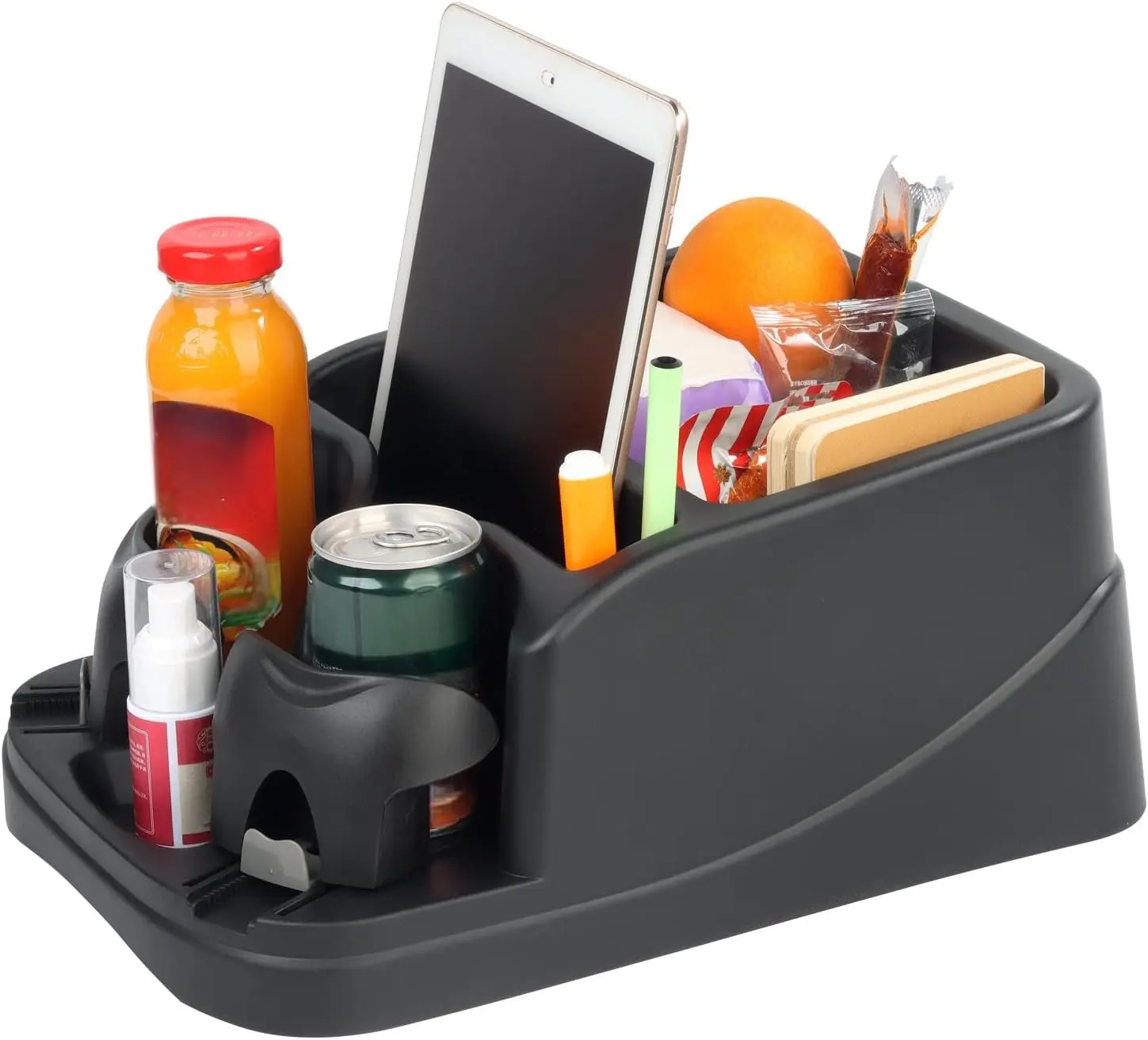 Universal Floor Console Organizer, Car Interior & Truck Accessories with 2 Adjustable Cupholders and Seatbelt Secure Hold for Cars, SUVs, Trucks