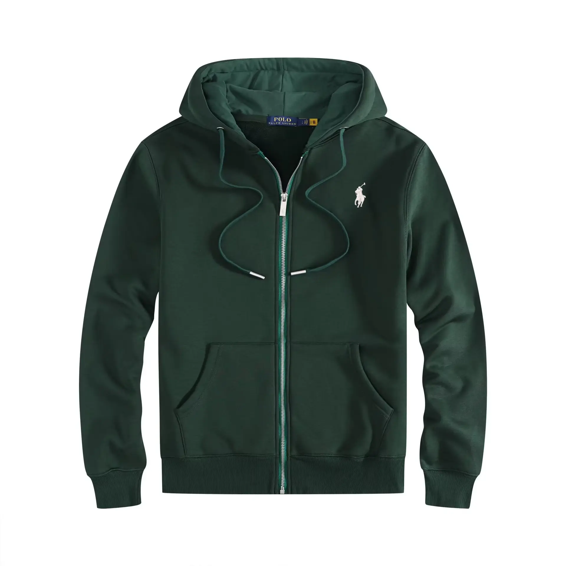 Zipper with dark green and white label