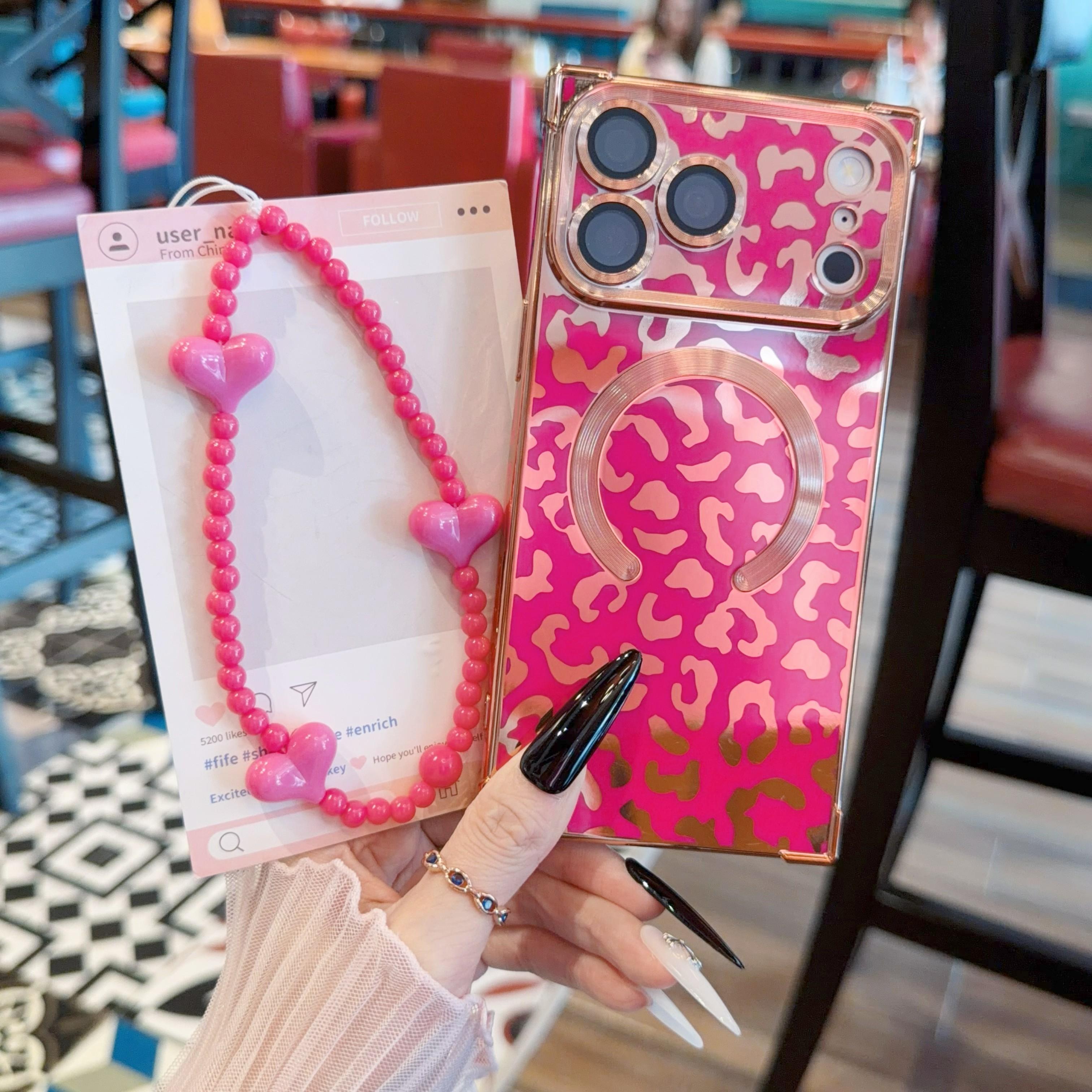 Women's Luxury Leopard Print Glossy Square Phone Case 4-Piece Set - MagSafe Compatible, Drop-Resistant, Durable - with Matching Bead Decoration, Lanyard, Heart-Shaped Bracelet - for iPhone 17/16/15/14/13 Pro Max Mobile Device Accessory