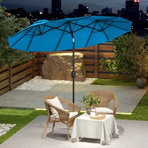 Greywick 9.5 FT Double Sided Patio Umbrella with 3 Air Vents & 12 Ribs, Outdoor Market Umbrella with Push Button Tilt & Crank, 180GSM Polyester, Safety Latch for Garden Deck Pool (Cyan/Black/Navy/Brown/Gray)