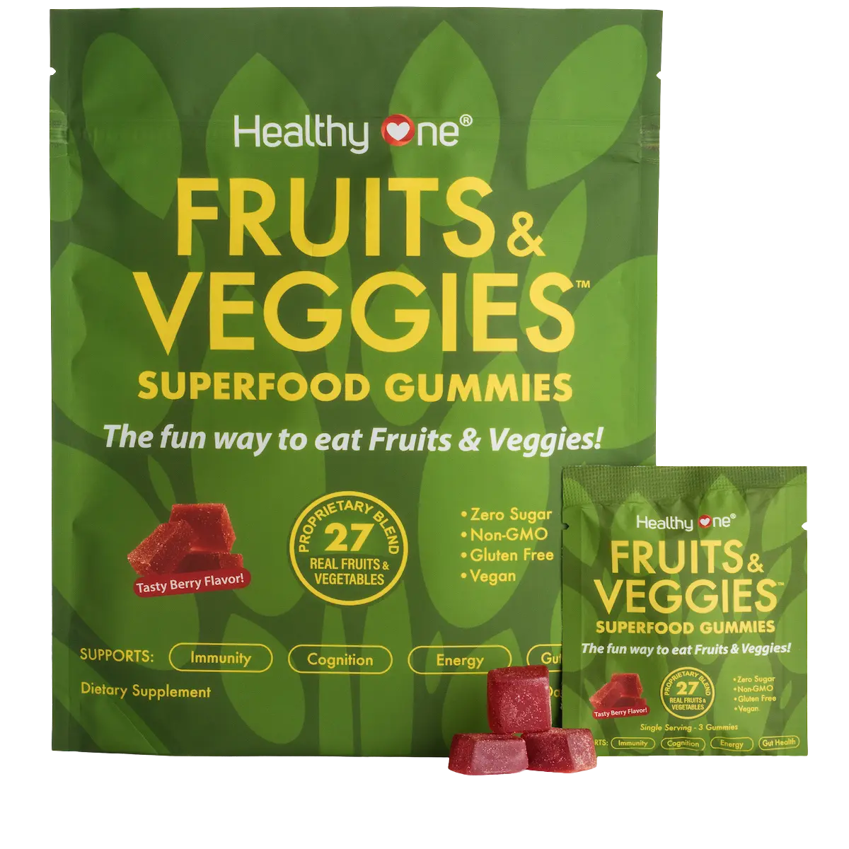 Fruits and Veggies -SUPERFOOD GUMMIES - Zero Sugar - GLP1 Support, Real Fruits & Veggies - Great Berry Taste!