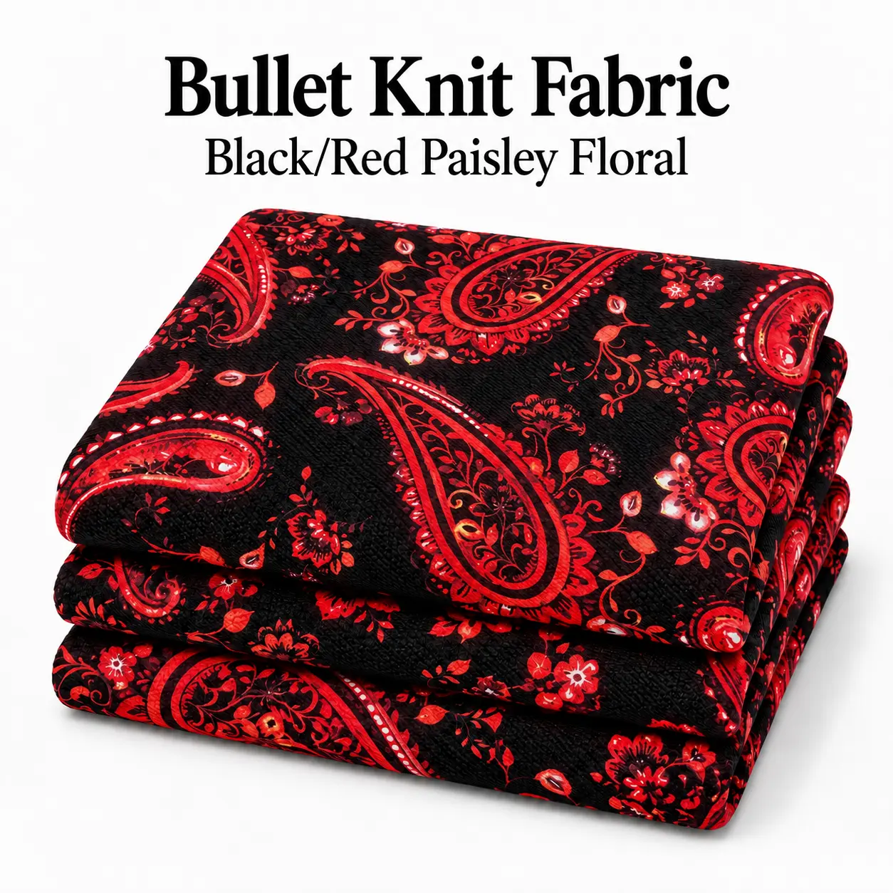 Black & Red Paisley Floral Bullet Knit Fabric for Apparel Sewing, Poly Spandex 4-Way Stretch, 58 in, 200 GSM, by the Yard