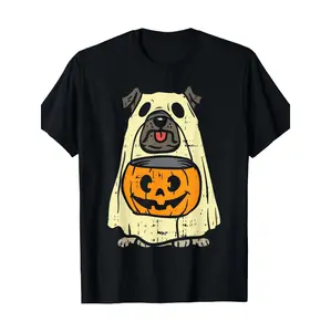 Cute Halloween T-Shirt Featuring Comical Pug in Pumpkin Costume Perfect for Dog Lovers Casual Short Sleeve Tee for Spooky Celebrations