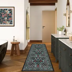GARVEE Vintage Floral Runner Rug 2x6 Washable Runner Rug For Kitchen Stain Resistant Throw Carpet With Non-Slip Backing Low Pile Floor Cover For Kitchen Hallway Laundry Bedroom,Black