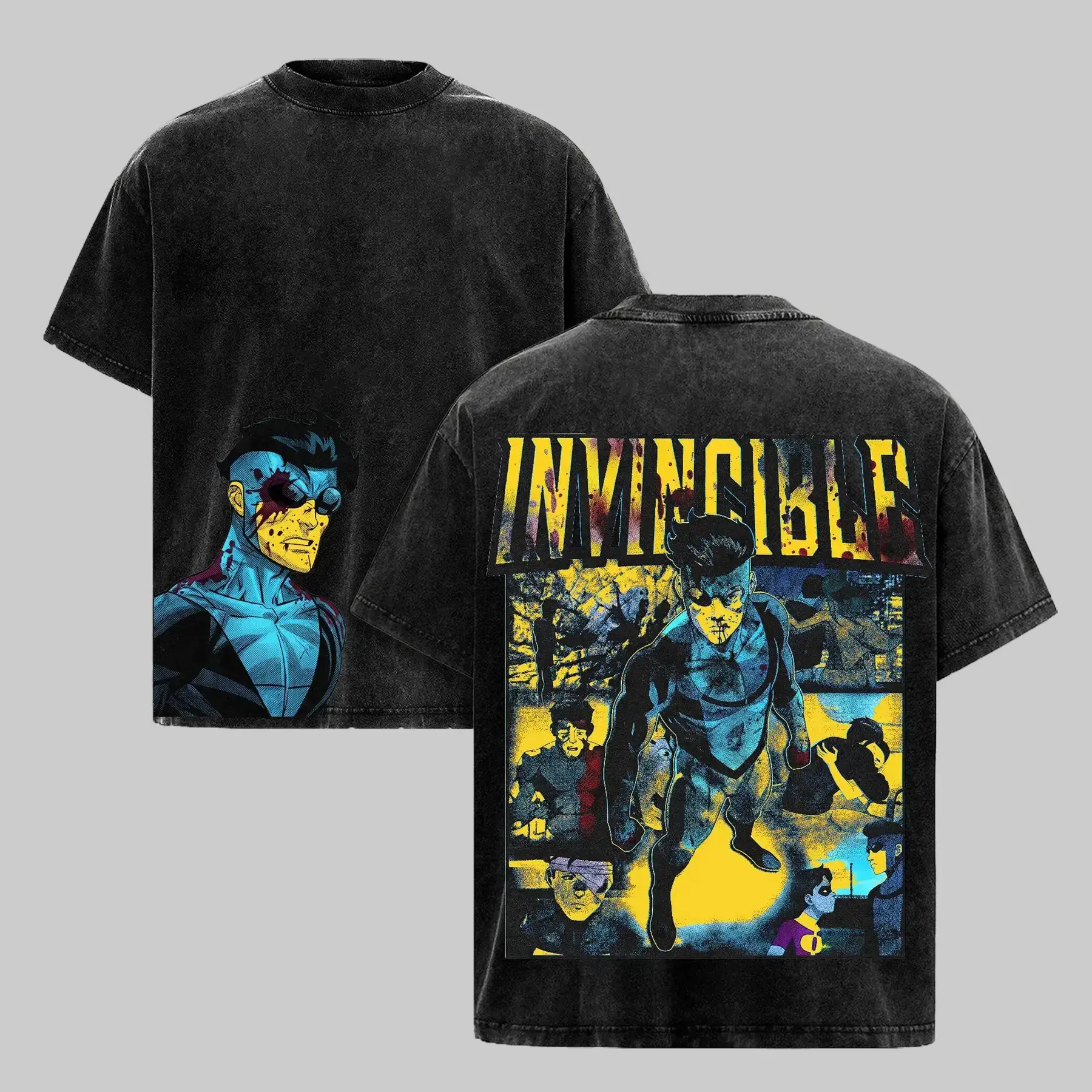 Men's Mark Grayson Invincible Front Focus Graphic Tee - Vintage Washed Classic Oversized Menswear Apparel, Seamless Superhero Main Character Spotlight Design, Bold Comic Print Unisex Heavyweight Cotton Streetwear Shirt, Gift for Fans
