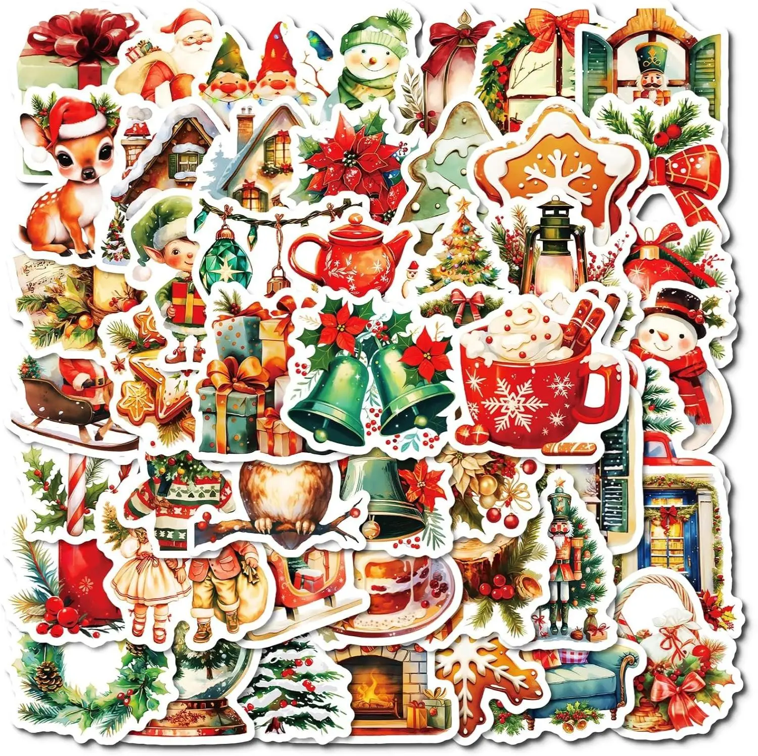 50 PCS Christmas Theme Stickers, Waterproof Xmas Holiday Party Stickers, Kids and Youth Decals for Scrapbook,Xmas Party Favorite (Christmas-03)