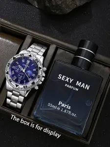 Men's Luxury Fashion Quartz Watch Set, Elegant Large Dial Design, Long-Lasting Fragrance Perfume Included, Perfect Gift for Him