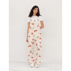 Cider 100% Cotton Square Neck Strawberry Wide Leg Jumpsuit