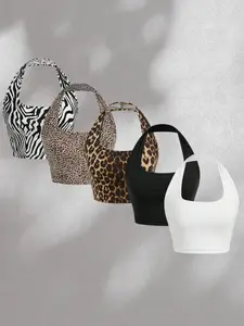 Women's Halter Neck Short Top Set of 5, Leopard Print Zebra Pattern Solid Color Slim Fit Tank Tops, Fashionable Ladies' Clothing Womenswear