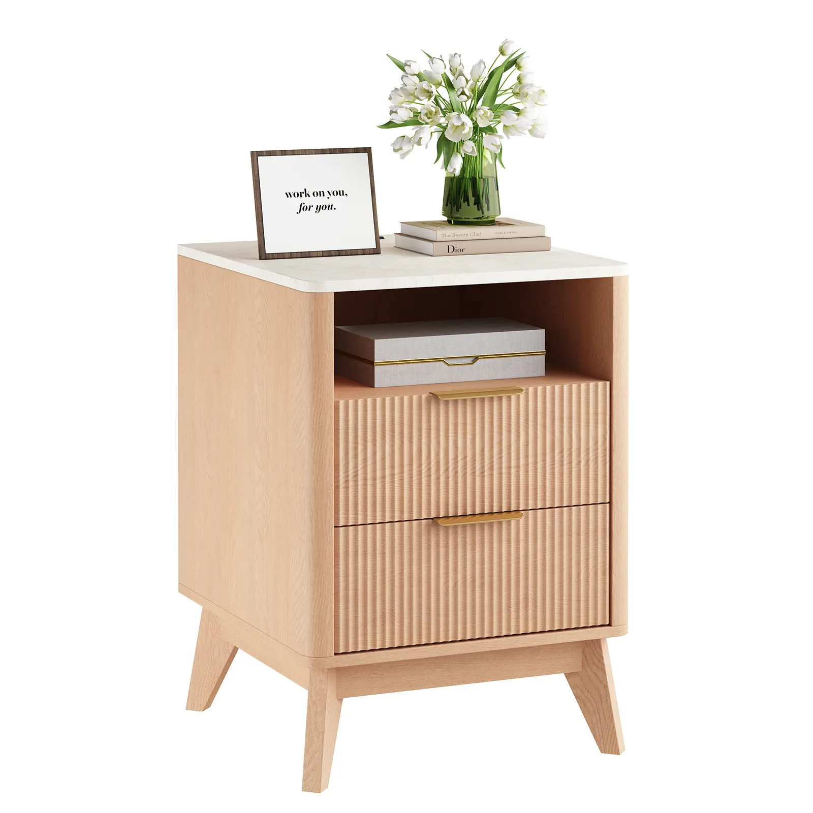Fluted Nightstand Set of 2 , Modern Side Table with Faux Marble Top, 2 Drawer End Table w/Storage, BedsideTable for Bedroom, Living Room, Curved Profile