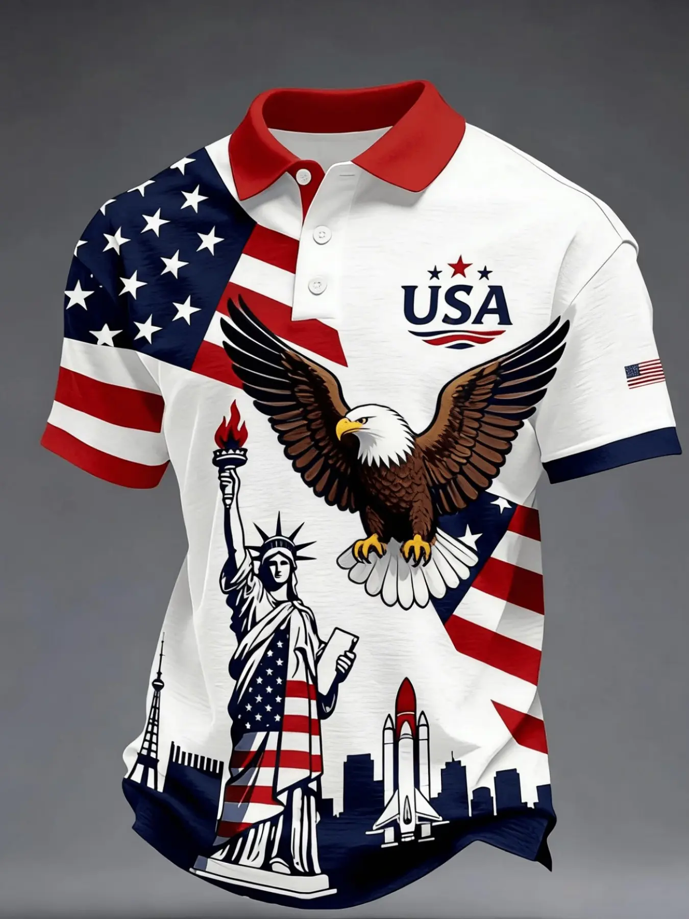 Casual Patriotic Style Short Sleeve Polo Shirt, Summer Gift for Men, USA Flag Eagle Statue of Liberty Print