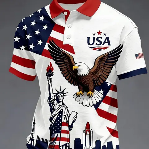 Summer Gift for Men, Fitted Collared Buttoned Polo Shirt with USA Liberty Eagle Flag All-Over Print, Printed Polo Tops, Polo-Style Casual Patriotic American Polo Top