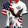 Summer Gift for Men, Fitted Collared Buttoned Polo Shirt with USA Liberty Eagle Flag All-Over Print, Printed Polo Tops, Polo-Style Casual Patriotic American Polo Top