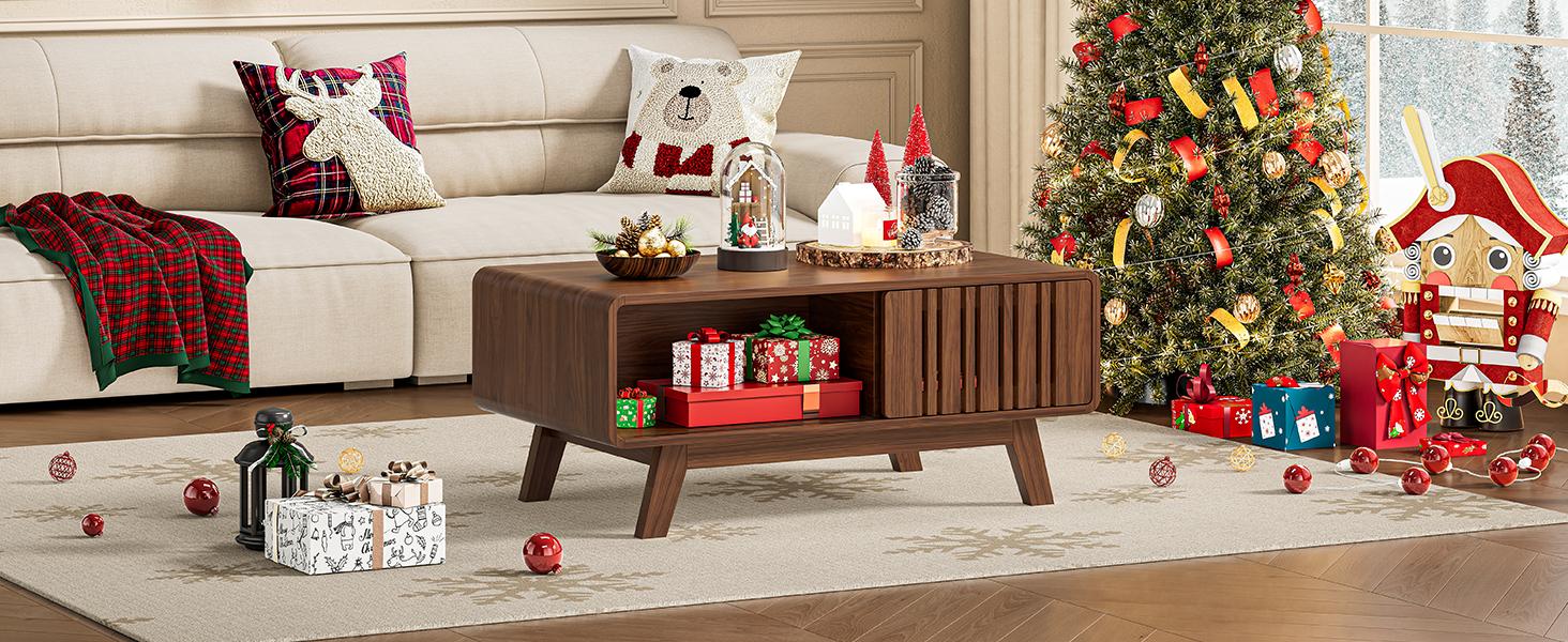 【SPOTLIGHT DAY】ONBRILL Coffee Table, Mid Century Modern Table with Storage Compartment, Fluted Table with Sliding Cabinet Door, Farmhouse Wood Coffee Table for Living Room
