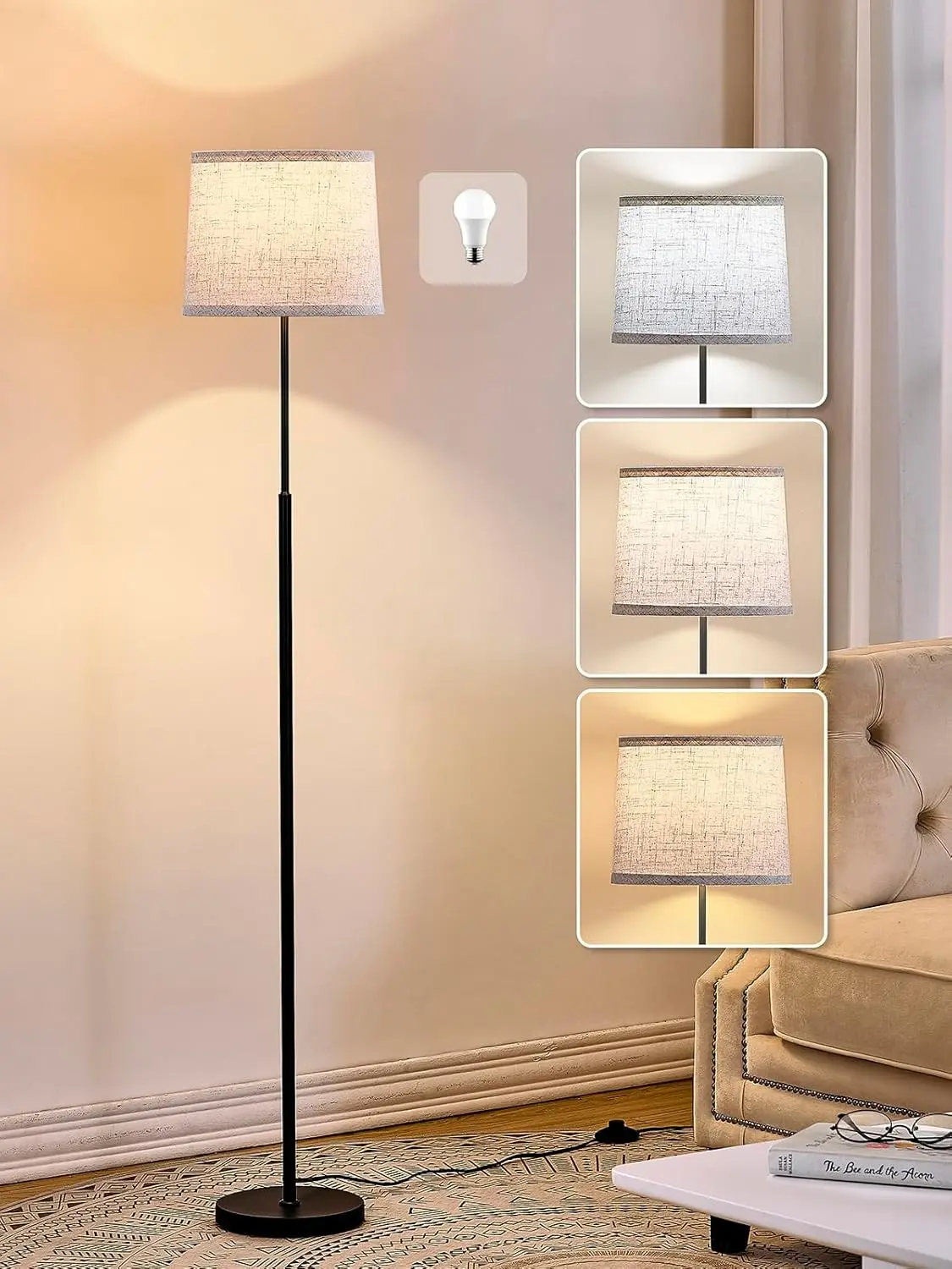 60" Modern Floor Lamp for Living Room Bedroom, Standing Lamp with Oatmeal Linen Lampshade, Tall Lamp with A19 9W 3 Color Temperature Bulb, Foot Switch Control, Black