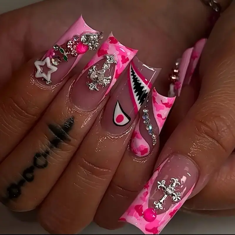 48 Gorgeous Pink French Pointed Fake Nails with Sparkling Cherry Hearts Crosses Stars & Rhinestones Rectangular Press On Nails for Birthdays Valentine's Day Mother's Day Graduation Parties & Holiday Nail Art Fun Nail Art