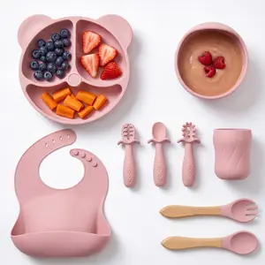 Bear Design Silicone Feeding Set (9PCS), Baby Plate & SnailBowl & Bib & Training Spoons (3PCS) & Fork Spoon Set &Curvy Straw Cup, Baby Dinnerware Set