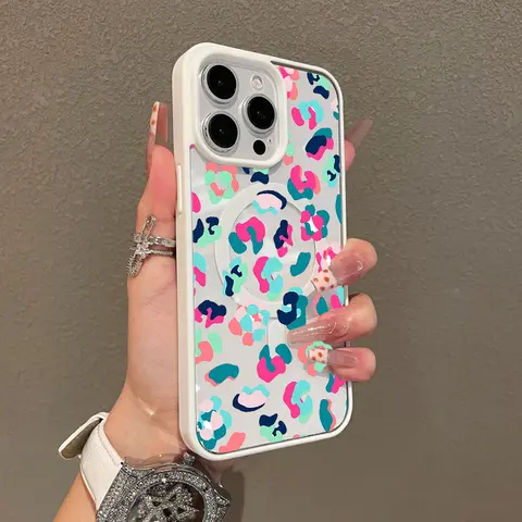 Magnetic MagSafe-Compatible Phone Case for iPhone 11-16 & Pro Max, Colorful Leopard Print, Lightweight Shockproof Cover, Girly Chic Casing, Mobile Phone Accessories Protector, Multi-Model