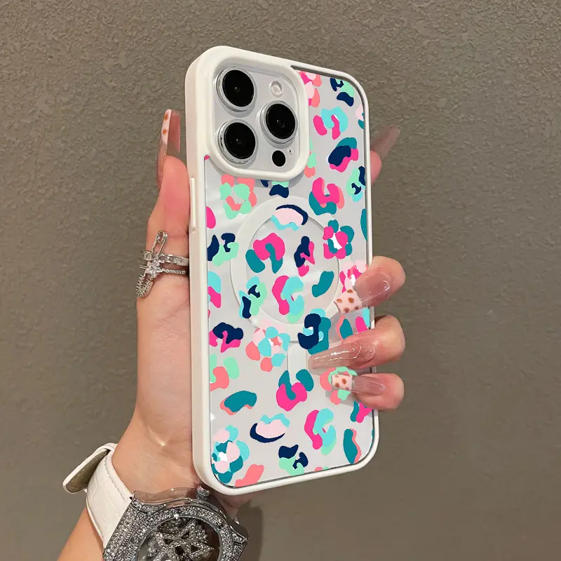 Magnetic MagSafe-Compatible Phone Case for iPhone 11-16 & Pro Max, Colorful Leopard Print, Lightweight Shockproof Cover, Girly Chic Casing, Mobile Phone Accessories Protector, Multi-Model