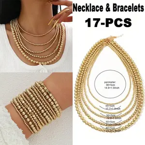 17Pcs Chic Golden Geometric Bead Necklace & Bracelets Set Bohemian Multi-layer Handmade Stackable Beaded Necklace Stackable Elastic Round/Square Beaded Bracelets Holiday XMAS Party Daily Matching Anniversary Festival Gift