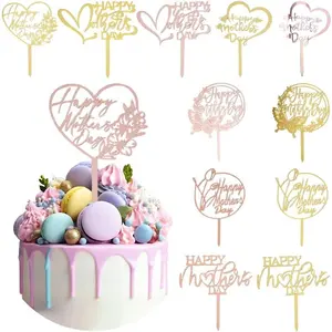 12pcs Happy Mother's Day Cake Topper, Love Heart Flowers Mothers Day Cake Topper, Acrylic Flat Cupcake Topper Decoration for Mother's Day Birthday Party Decoration