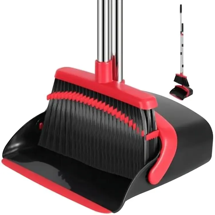 Long-Handle Broom & Dustpan Set for Home – 52" Adjustable Standing Broom with Self-Cleaning Dustpan Teeth, No-Bend Sweeping Combo for Kitchen, Office, Hallway & Floor Cleaning (Black & Red)