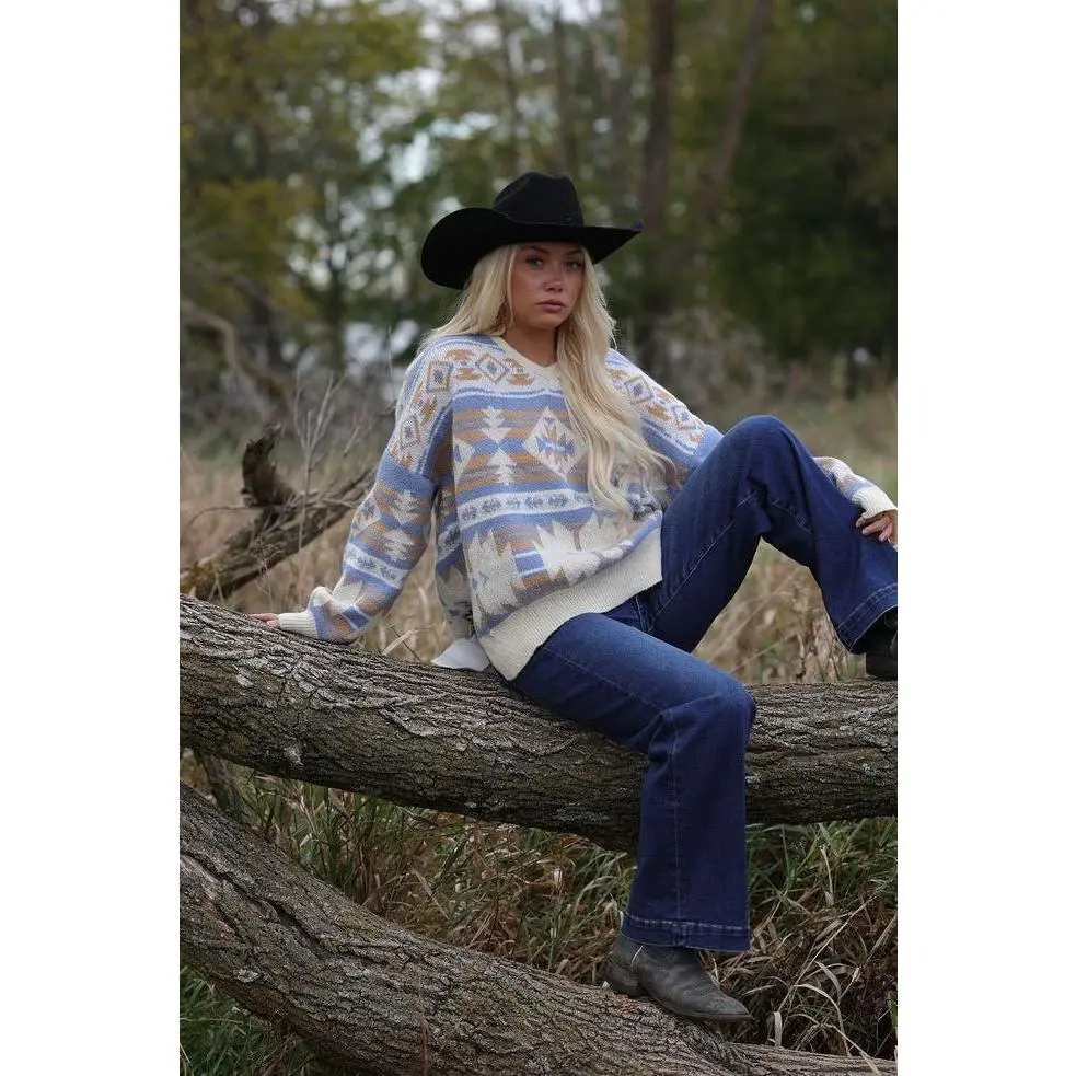 Main Strip Southwestern Knit Sweater — Oversized V-Neck with Bold Blue, Tan & Cream Print