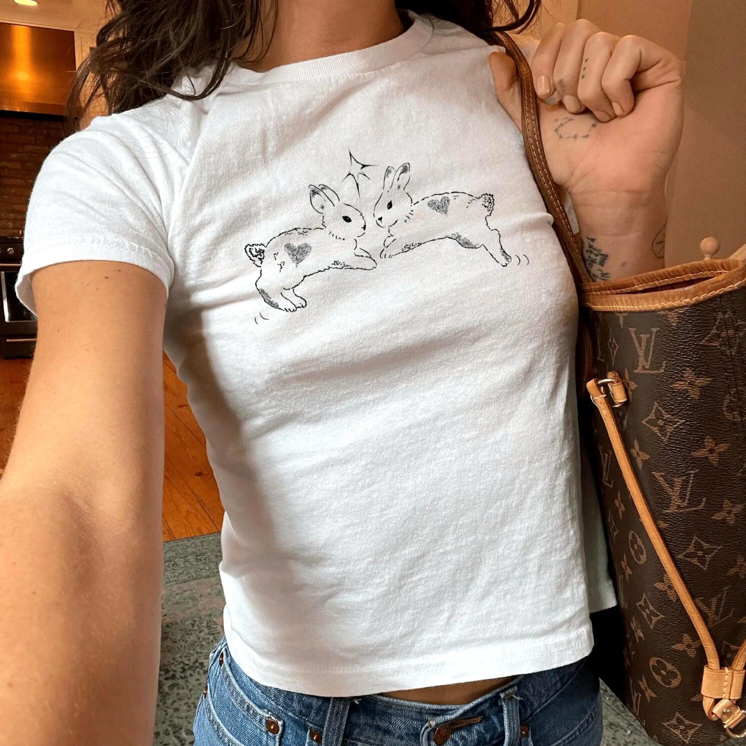 Bunnies Baby Tee, Cute Bunny Shirt, Vintage Graphic Baby Tee, Y2K Crop Top, Retro Womens Baby Tee, Coquette Aesthetic Top.
