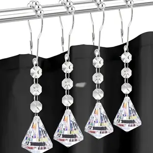 12-Piece Crystal Pendant Shower Curtain Hooks Set, Maple Leaf Decorative Bathroom Accessories, Elegant Bath Curtain Rod Rings