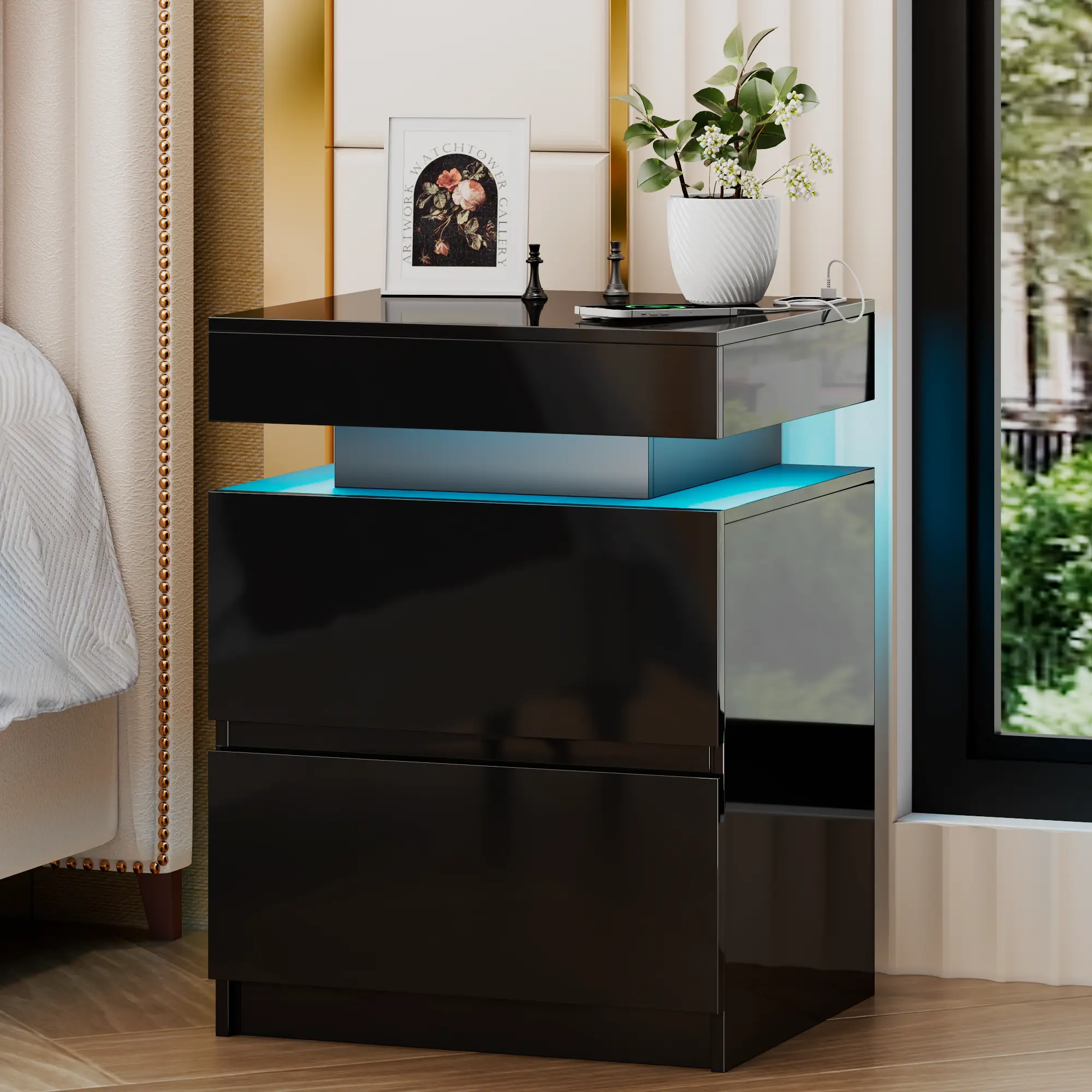 Miuvanity Nightstand Gun Drawer with USB & Type-C Port Automatic Sensor LED Light Modern Design for Office & Bedroom Storage Includes Charging Station Stylish Bedside Table