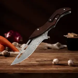 Damascus Pattern Folding Pocket Tool – Natural Wood Handle, Lightweight & Compact Design, Smooth Easy-Open, Durable for Everyday Use, Outdoor & Kitchen Tasks, Unique Gift Idea