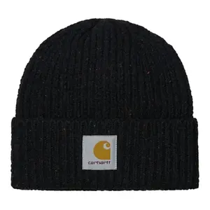 Carhartt Black Beanie with Logo Patch, 100% Acrylic Rib Knit, One Size Fits All, Classic Design, Comfortable Fit, Suitable for Cold Weather